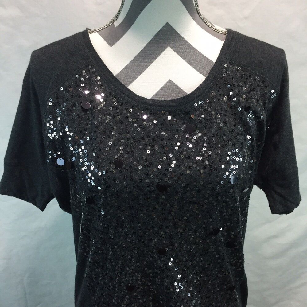 Express Love Dark Grey Sequin S/S Shirt Sz Small F10